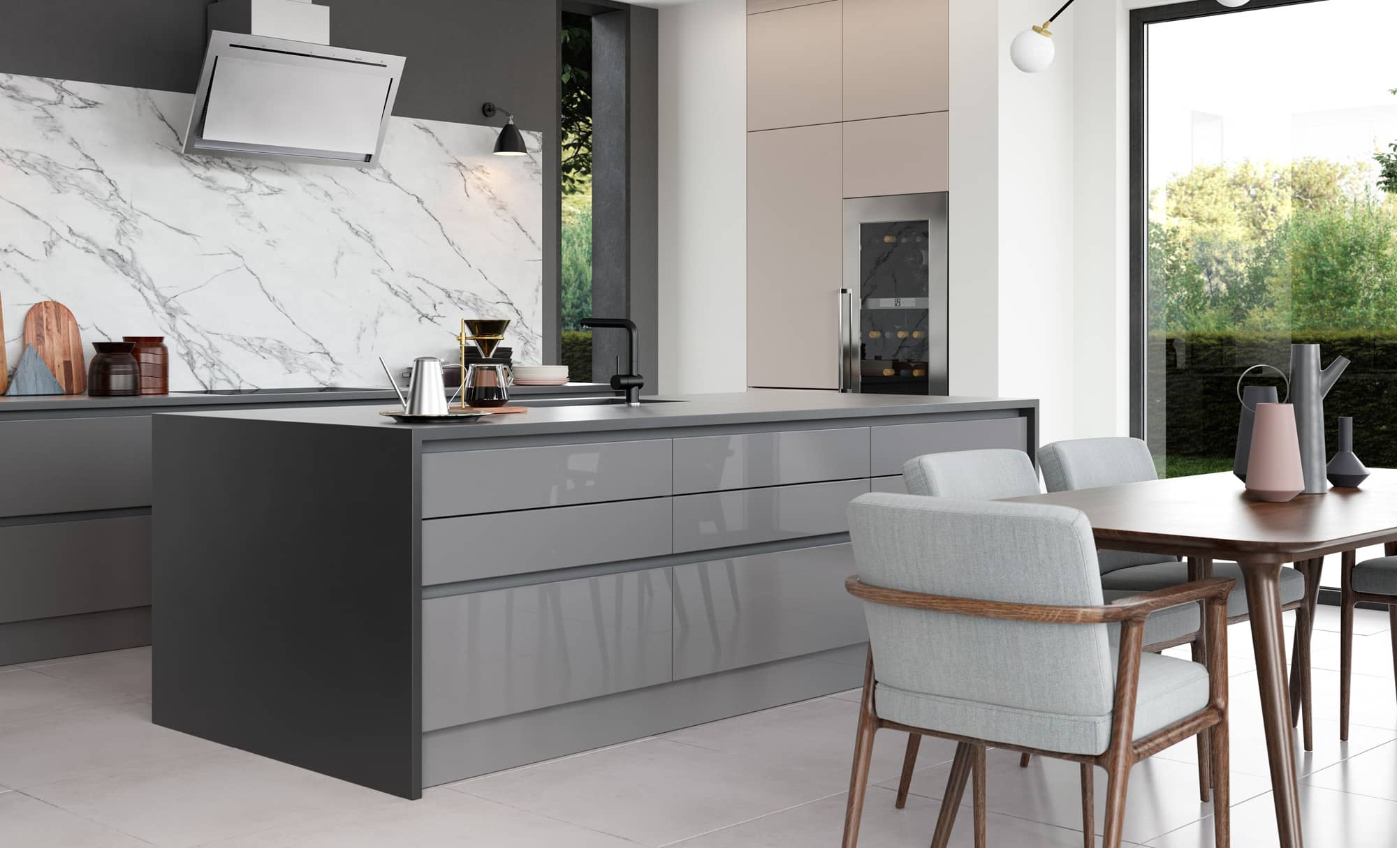Kitchen Doors Peterborough ZOLA GLOSS HANDLELESS Dust Grey & Cashmere, Featuring Tavola Carbon