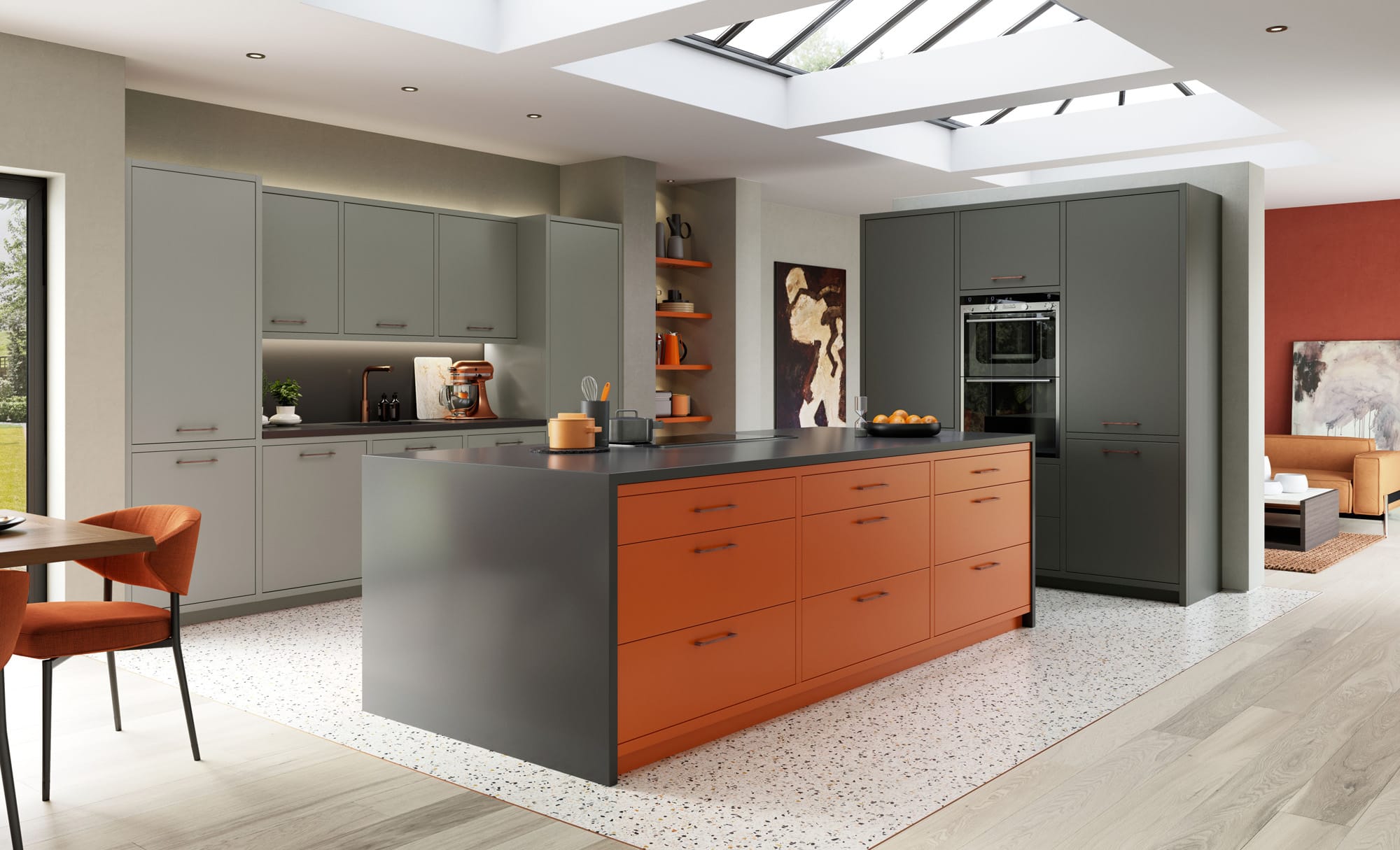 Kitchen Doors Peterborough ZOLA MATTE Zingy Orange, Graphite & Dust Grey